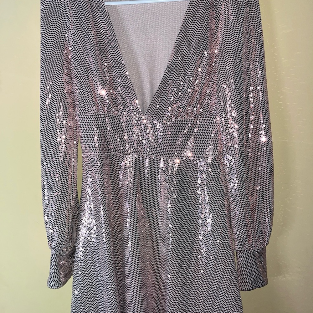 Honey and Rosie Sparkling Sequin Long Sleeve Dress - Pink and Silver